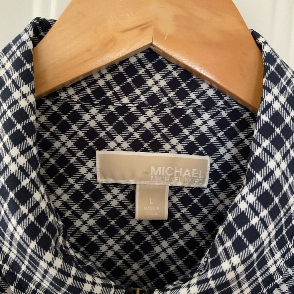 Michael‎ Michael Kors Plaid Zip Front Top Size Large Navy White - Picture 2 of 5